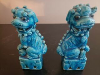 Pair Vintage Chinese Turquoise Blue Glazed Ceramic Foo Dog Sculptures