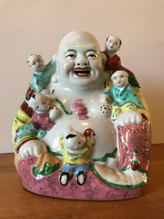 Vintage Chinese Porcelain Laughing Buddha Figure 5 Children Surrounded Mid 20th