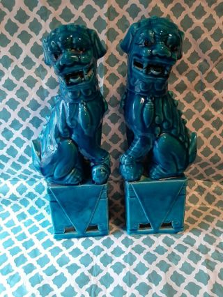 Chinese Ceramics Porcelains Blue Foo Fu Dog Shishi Lion Statue Pair 12 " Tall