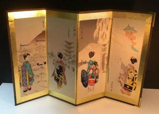 Vintage Japanese Hand Painted 4 Panel Table Screen,  “seasons” Geisha 13 1/2”wide