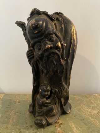 Gilt Metal Chinese Sage With Child Buddha God Figure