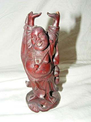Antique Chinese Carved Wooden Laughing Buddha Figurines Statues Smiling Happy