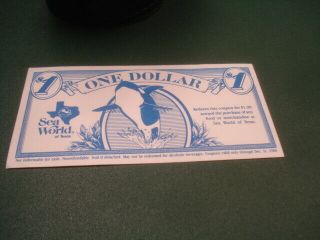 Sea World Of Texas One Dollar 1988 Certificate From The Opening In San Antoinio