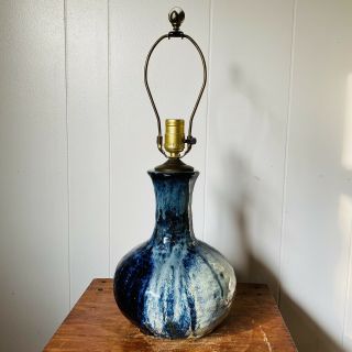Signed Vintage Mid Century Blue Drip Glaze Pottery Ceramic Boho Table Lamp