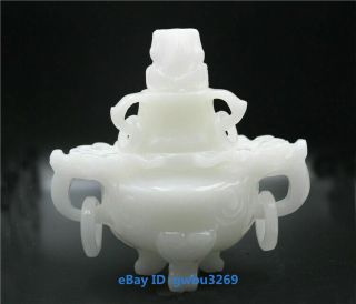 Exquisite Chinese Hand Carved 100 Natural White Jade Dragon Incense Burner