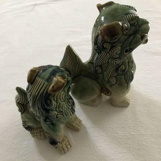 Vintage Pair Chinese Ceramic Foo Dogs Green Unmarked Temple Lion