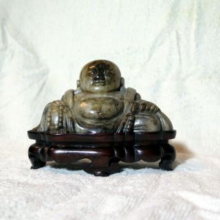 Rare Antique Soapstone Carved Buddha Buddah On Ornate Fitted Wooden Stand