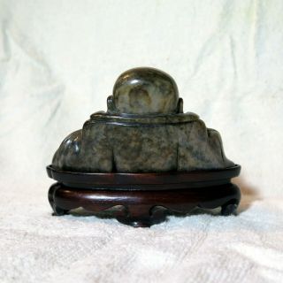 Rare antique soapstone carved buddha buddah on ornate fitted wooden stand 2