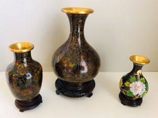 Vintage Chinese Cloisonne Vases With Wooden Stands - Set Of (3) Three