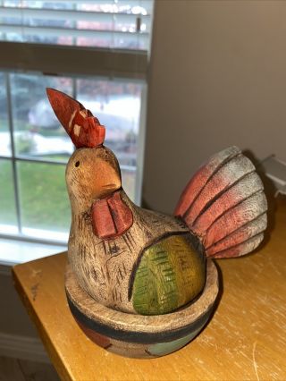 Vintage? Handmade Wooden Rooster Chicken Figurine Hand Carved Hand Painted Decor
