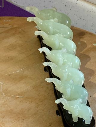 Set Of 7 Chinese Jade Elephants On Wooden Stand