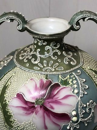 Antique Japanese Meiji Period Moriage Hand Painted Nippon Porcelain Vase Signed 2