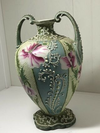 Antique Japanese Meiji Period Moriage Hand Painted Nippon Porcelain Vase Signed 3