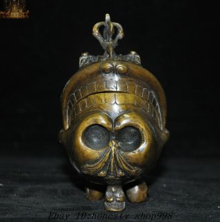 5 " Old Tibet Temple Bronze Skull Vajra Scripture Sutra Bowl Kapala Skull Cup