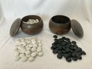 Japanese Go Stone Vintage Goishi Game Piece Set Wooden Bowl Black White L