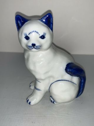 Vintage Blue & White Striped Porcelain Cat Figurine Made In Thailand