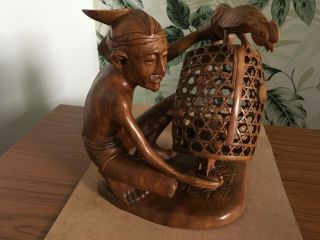 Vintage Balinese Wood Carving Old Man With Fighting Cocks In Cage 1950s Bali