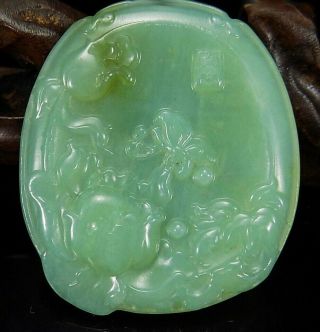 Natural Fine Vintage Apple Green Carved Jade Pendant With Fruits & Flowers