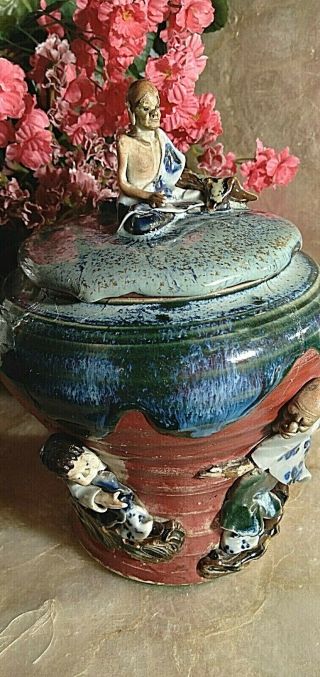 Antique Japanese Sumida Gawa Lidded Pot.  3 Figures.  Repaired.