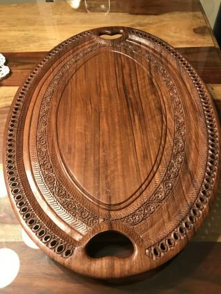Decorative Artisan Hand - Carved Solid Walnut Wood Platter - Kashmir India.  Rare