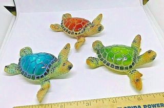 Set Of 3 Sea Turtle Figurines 3.  25 " Long Textured Polystone Brown Blue Green