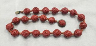 Vintage Carved Chinese Cinnabar Beads Necklace Silver Clasp Double Knotted