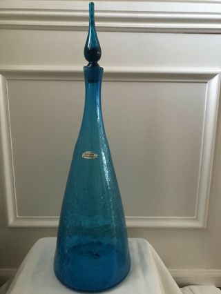Vintage Blenko Blue Cracked Glass Decanter W/ Stopper
