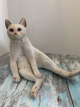 Cat Figurine Solid Resin White Blue Eyes Sitting Position 10.  5 " H X 16 " Life Size