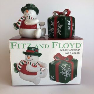 Fitz & Floyd Snowman And Present Christmas Holiday Salt & Pepper Shakers