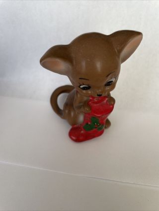 Vintage Josef Originals Ceramic Figurine Brown Mouse Christmas Stocking