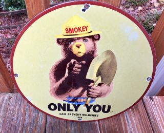 Vintage Smokey The Bear Prevent Forest Fires Heavy Porcelain Sign 12”