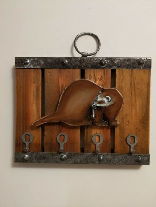 Artist Painted Ferret Wall Key Holder 4 Hooks Metal Edge