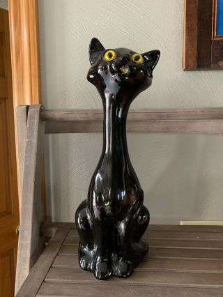 Vintage Mid Century Modern Black Ceramic Cat Figurine W/ Glass? Yellow Eyes