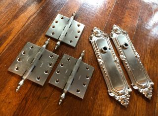 Nh15 Vintage Nickel Plated Brass Back Plates And Three Steeple Tipped Hinges