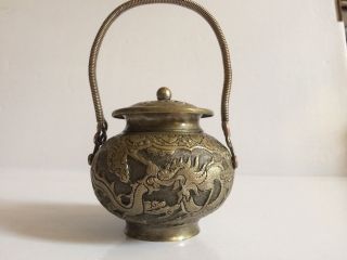 Antique Chinese Brass Dragon & Phoenix Potpourri Lidded Jar