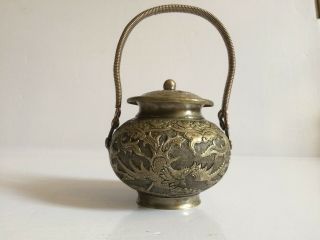 Antique Chinese Brass dragon & phoenix Potpourri Lidded Jar 2