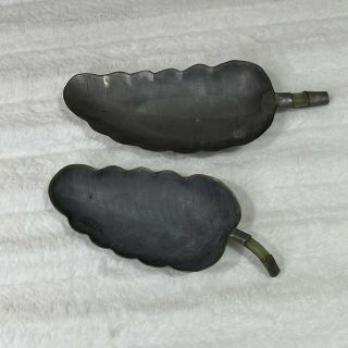 Set Of 2 Antique Chinese Jade Handle Insert Etched Pewter Leaf Dish
