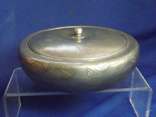 Antique Chinese Pewter Tea Caddy Round 6 " W Calligraphy Signed Box Incised Floral