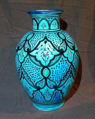 20th Moroccan Signed Safi Hand Painted Stoneware Pottery Vase Middle Eastern 14”