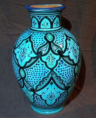 20th Moroccan Signed Safi Hand Painted Stoneware Pottery Vase Middle Eastern 14” 2