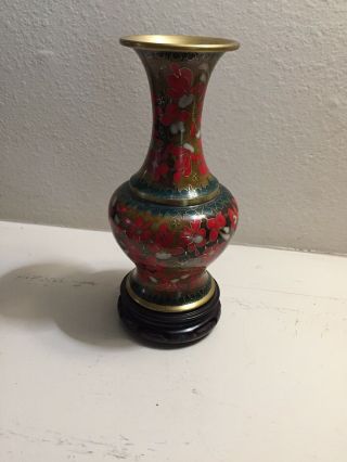 Vintage Chinese Brass Cloisonné Vase With Flowers Brass Enamel Cloisone 8 " Tall