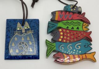 Laurel Burch Fish & Cat Wooden Ornaments,  Tote Bag Or Purse Tags (rf942)