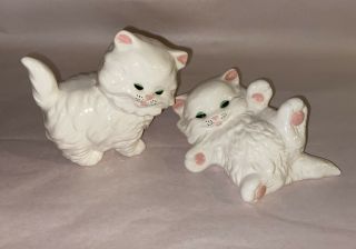 Vintage White Ceramic Cat Kitten Figurines Hand Painted Handmade Set Of 2