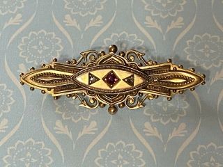 Antique 15k Gold Victorian Bar Pin Brooch Ruby And Diamonds Vintage Jewelry