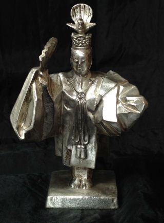 Antique Unusual Chinese Emperor Silver Metal Figure With Bird & Fan,  Signed Base