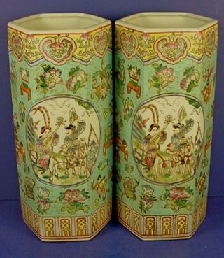 Pair Vintage Chinese Polychrome Enamel Porcelain Hexagonal Vases