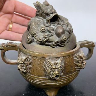 Antique Chinese Brass Ornate Foo Dog Dragon Censer Incense Burner
