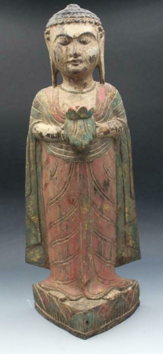 Antique Chinese Asian Carved Polychrome Wood Standing Buddha Figure 24 " High