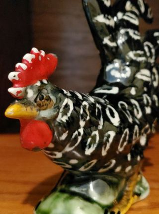 Vintage 1940s Rooster Ceramic Figurine,  Hand Painted Black and White 3