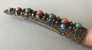 Antique Chinese Gilt Silver Enamel Coral/turquoise Finger Nail Guard Brooch Pin